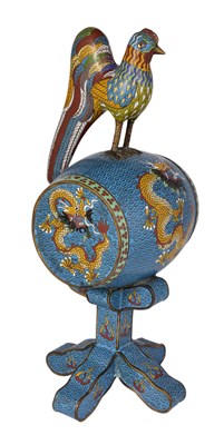 Lot 65 - A CHINESE CLOISONNE COCKEREL ON A DRUM