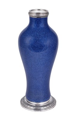 Lot 154 - A FRENCH SILVER-MOUNTED MOTTLED BLUE GLAZED VASE