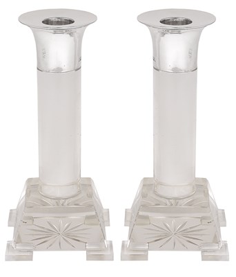 Lot 161 - A PAIR OF EDWARDIAN SILVER-MOUNTED GLASS CANDLESTICKS