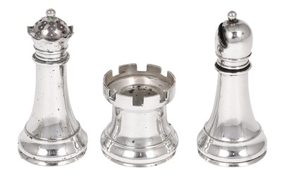 Lot 168 - A SILVER THREE-PIECE NOVELTY CONDIMENT SET