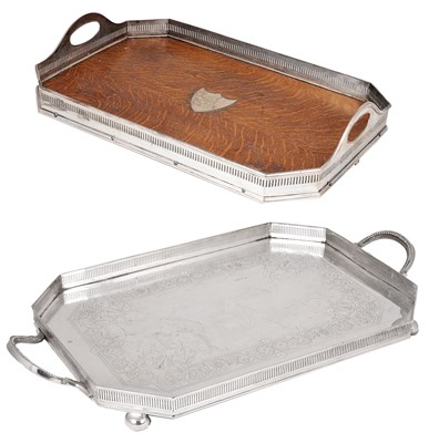 Lot 194 - AN ELECTROPLATE AND OAK GALLERY TRAY