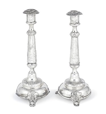 Lot 231 - A PAIR OF RUSSIAN SILVER CANDLESTICKS