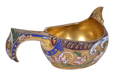 Lot 236 - A RUSSIAN SILVER-GILT CLOISONNE ENAMEL KOVSH