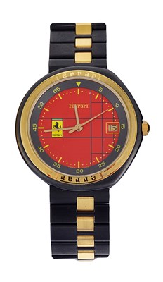 Lot 320 - 'FERRARI': A GENTLEMAN'S ANODISED STEEL BRACELET WATCH