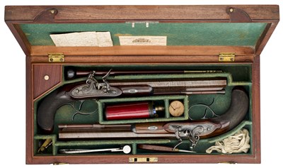 Lot 421 - A FINE CASED PAIR OF 36 BORE FLINTLOCK DUELLING PISTOLS BY DURS EGG, NO. 1 PALL MALL COLONNADE, LONDON, NO. 823, LONDON PROOF MARKS, CIRCA 1816-20