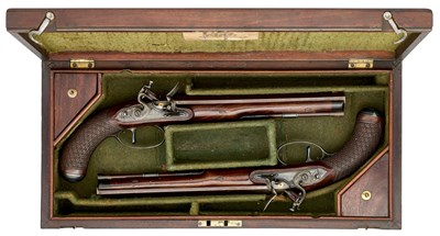 Lot 422 - A FINE CASED PAIR OF 32 BORE FLINTLOCK DUELLING PISTOLS BY DURS EGG, LONDON, LONDON PROOF MARKS, CIRCA 1790