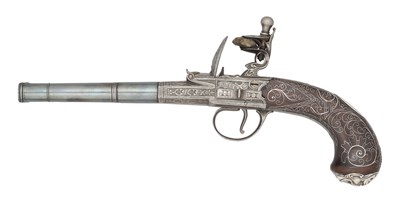 Lot 419 - A 60 BORE D.B. SILVER-MOUNTED FLINTLOCK SINGLE TRIGGER TURN-OFF PISTOL BY BARBAR, LONDON, PRIVATE PROOF MARKS, MAKER’S MARK OF CHARLES FREETH, CIRCA 1771-3