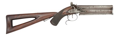 Lot 425 - A 16 BORE FLINTLOCK OVER-AND-UNDER OFFICER’S PISTOL WITH DETACHABLE SKELETON SHOULDER STOCK BY STAUDENMAYER, LONDON, NO. 1224, CIRCA 1810