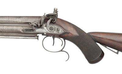 Lot 425 - A 16 BORE FLINTLOCK OVER-AND-UNDER OFFICER’S PISTOL WITH DETACHABLE SKELETON SHOULDER STOCK BY STAUDENMAYER, LONDON, NO. 1224, CIRCA 1810