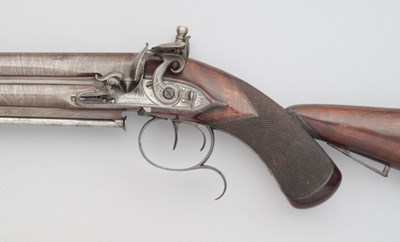 Lot 425 - A 16 BORE FLINTLOCK OVER-AND-UNDER OFFICER’S PISTOL WITH DETACHABLE SKELETON SHOULDER STOCK BY STAUDENMAYER, LONDON, NO. 1224, CIRCA 1810