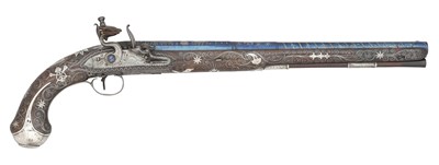 Lot 424 - A 20 BORE SILVER-MOUNTED LONG FLINTLOCK PRESENTATION PISTOL BY H.W. MORTIMER, LONDON, MAKER TO HIS MAJESTY, BIRMINGHAM SILVER HALLMARKS FOR 1803, MAKER'S MARK OF JOSEPH BUNNEY