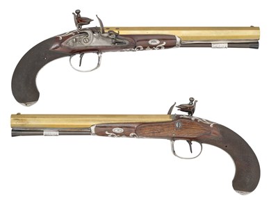 Lot 420 - AN UNUSUAL PAIR OF 22 BORE SILVER-MOUNTED FLINTLOCK DUELLING PISTOLS WITH BRASS BARRELS BY SAMUEL BRUNN, NO 55 CHARING CROSS, LONDON, LONDON PROOF MARKS