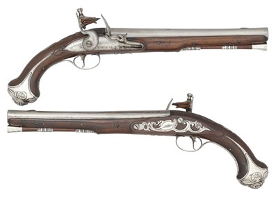 Lot 415 - A PAIR OF 14 BORE SILVER-MOUNTED FLINTLOCK HOLSTER PISTOLS BY W. TURVEY, LONDON, LONDON PROOF MARKS AND SILVER HALLMARKS FOR 1752, MAKER'S MARK OF JEREMIAH ASHLEY