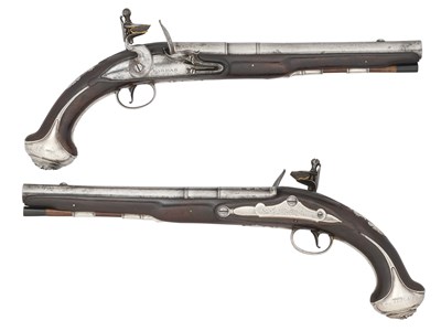 Lot 416 - A PAIR OF 20 BORE SILVER-MOUNTED FLINTLOCK OFFICER’S PISTOLS BY JAMES BARBAR, LONDON SILVER HALLMARKS FOR 1762