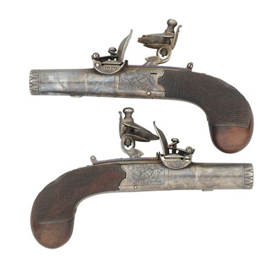 Lot 427 - A FINE PAIR OF 50-BORE FLINTLOCK BOX-LOCK POCKET PISTOLS SIGNED H. NOCK, LONDON, BIRMINGHAM PROOF MARKS, CIRCA 1815