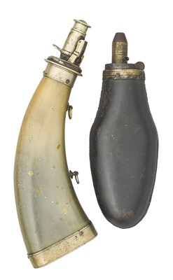 Lot 377 - A HORN POWDER-FLASK, EARLY 19TH CENTURY AND A WOGDON STYLE POWDER-FLASK FOR A SPORTING GUN