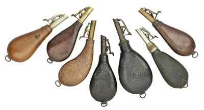 Lot 376 - SEVEN LEATHER SHOT-FLASKS, LATE 18TH/19TH CENTURIES