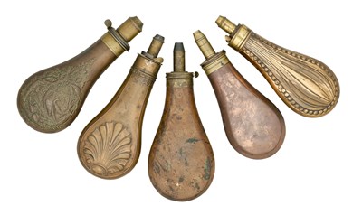 Lot 383 - THREE GUN-SIZE POWDER-FLASKS, 19TH CENTURY