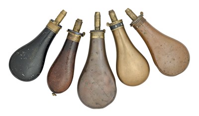 Lot 382 - FIVE GUN-SIZED POWDER-FLASKS, 19TH CENTURY