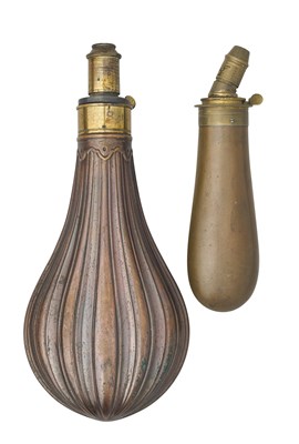 Lot 385 - A LARGE GUN FLASK AND A FLASK WITH PATENT NOZZLE, THIRD QUARTER OF THE 19TH CENTURY