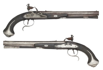 Lot 417 - A PAIR OF 28 BORE SILVER-MOUNTED FLINTLOCK RIFLED TARGET HOLSTER PISTOLS BY HARVEY WALKLATE MORTIMER, LONDON, GUNMAKER TO HIS MAJESTY