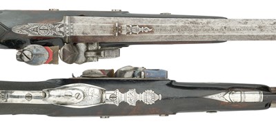 Lot 417 - A PAIR OF 28 BORE SILVER-MOUNTED FLINTLOCK RIFLED TARGET HOLSTER PISTOLS BY HARVEY WALKLATE MORTIMER, LONDON, GUNMAKER TO HIS MAJESTY