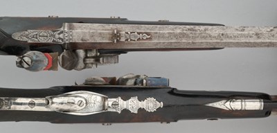 Lot 417 - A PAIR OF 28 BORE SILVER-MOUNTED FLINTLOCK RIFLED TARGET HOLSTER PISTOLS BY HARVEY WALKLATE MORTIMER, LONDON, GUNMAKER TO HIS MAJESTY