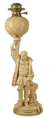 Lot 30 - A 'VELLUM' WARE CHRISTOPHER COLUMBUS FIGURE OIL LAMP