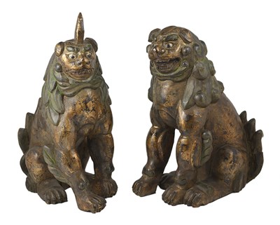 Lot 82 - â€¡A PAIR OF JAPANESE WOOD KOMAINU (SHINTO LION-DOGS)