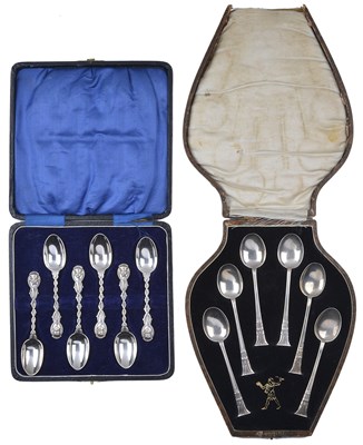 Lot 113 - TWO SETS OF 'EGYPTIAN' NOVELTY SILVER COFFEE SPOONS