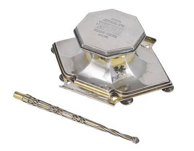 Lot 153 - A SILVER INKSTAND AND PEN