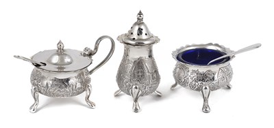 Lot 162 - AN IRISH SILVER THREE-PIECE CONDIMENT SET