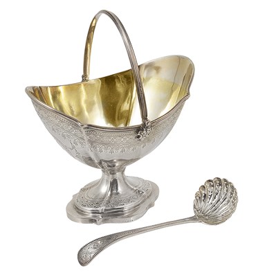 Lot 228 - A VICTORIAN SILVER SUGAR BASKET AND SUGAR SIFTER