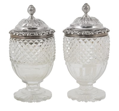 Lot 262 - A PAIR OF GEORGE IV SILVER-MOUNTED CUT-GLASS CONDIMENT JARS