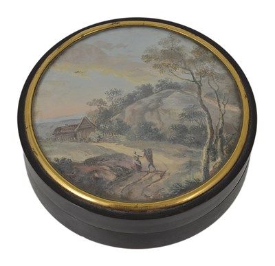 Lot 319 - A LANDSCAPE MINIATURE MOUNTED TORTOISESHELL SNUFF BOX