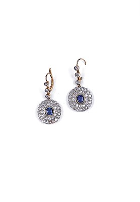 Lot 396 - PAIR OF SAPPHIRE AND DIAMOND PENDENT EARRINGS