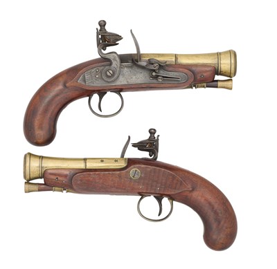 Lot 454 - A CASED PAIR OF BRASS BARRELLED FLINTLOCK BLUNDERBUSS PISTOLS SIGNED H. NOCK, LONDON, BIRMINGHAM PROOF MARKS, CIRCA 1820