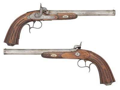 Lot 469 - A CASED PAIR OF FRENCH 50 BORE PERCUSSION RILFED TARGET PISTOLS SIGNED DEVISME A PARIS, NO. 929, MID-19TH CENTURY