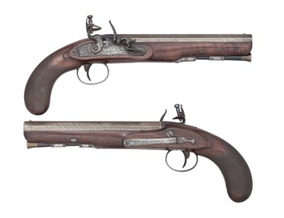 Lot 450 - A CASED PAIR OF 15-BORE FLINTLOCK BELT PISTOLS BY HAMPTON, BIRMINGHAM PROOF MARKS, CIRCA 1815-20