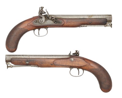 Lot 451 - A CASED PAIR OF 16 BORE FLINTLOCK OFFICER’S PISTOLS SIGNED CUFF, LONDON, BIRMINGHAM PROOF MARKS, CIRCA 1830