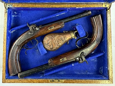 Lot 271 - A CASED PAIR OF GERMAN (SAXON) 54 BORE PERCUSSION RIFLED TARGET PISTOLS BY ULBRICH, DRESDEN, CIRCA 1840