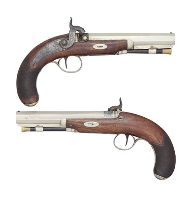 Lot 474 - A RARE PAIR OF 54 BORE PERCUSSION PISTOLS FOR THE AMERICAN MARKET WITH GERMAN SILVER BARRELS AND MOUNTS SIGNED W. CHANCE & SON, LONDON, BIRMINGHAM PROOF MARKS, CIRCA 1850