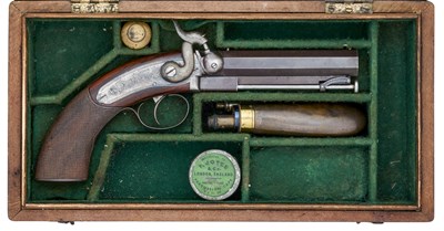 Lot 476 - A CASED 18 BORE PERCUSSION TRAVELLING PISTOL SIGNED H. SMITH, CIRCA 1840