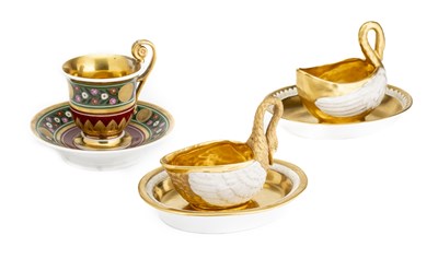 Lot 13 - TWO 'PARIS PORCELAIN' SWAN SAUCEBOATS ON STANDS, LATE 19TH CENTURY