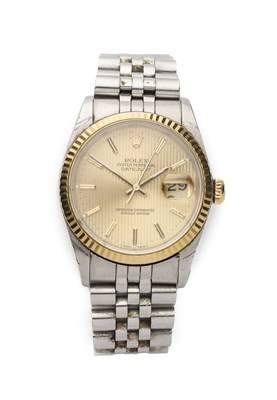 Lot 231 - ROLEX, OYSTER PERPETUAL DATEJUST, REF.16233: GENTLEMAN'S STAINLESS STEEL AND GOLD BRACELET WATCH, 1989