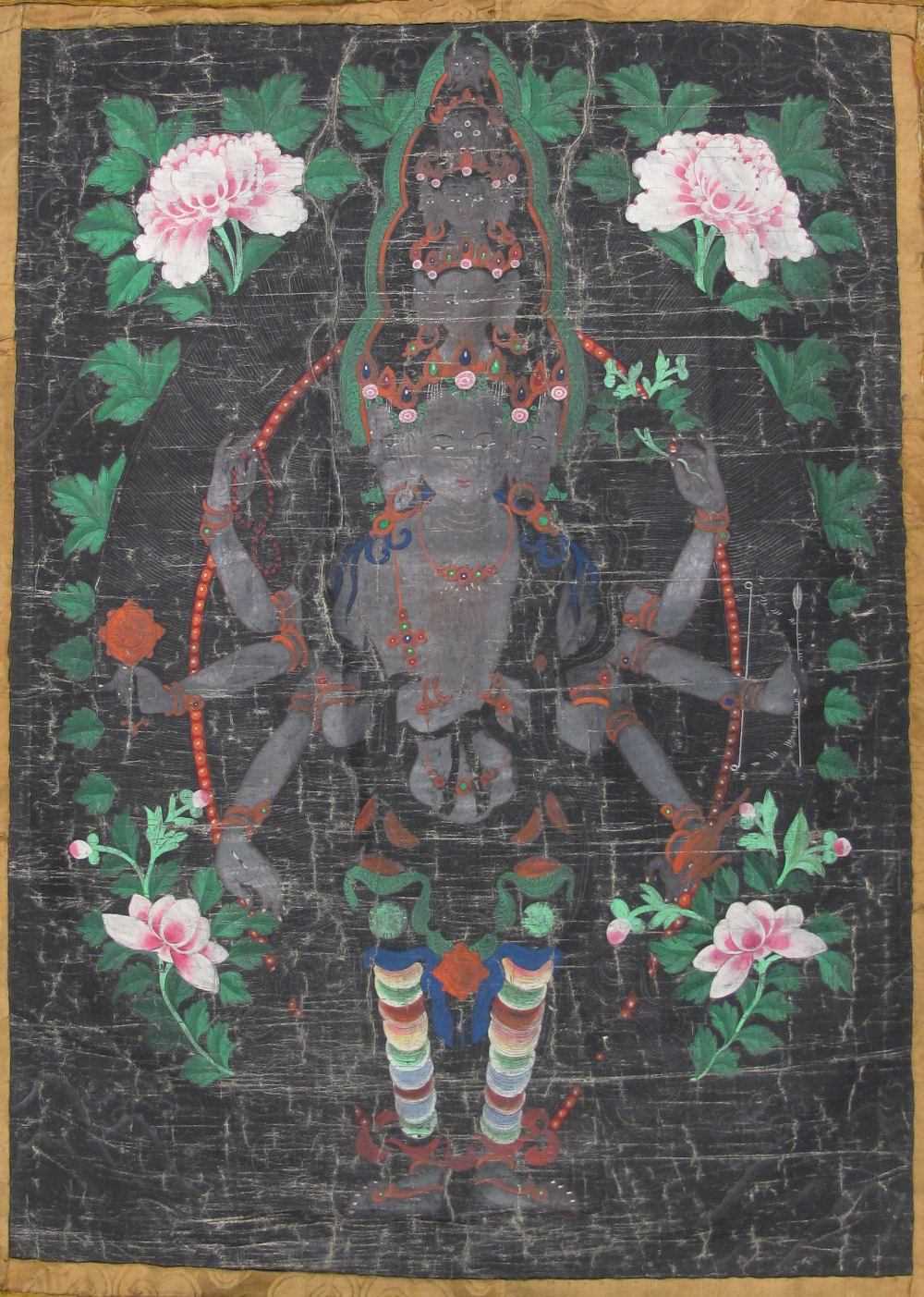 Lot 36 - A BLACK GROUND THANG-KA DEPICTING AVALOKITESVARA