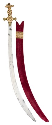 Lot 18 - A HIGHLY DECORATED NORTH INDIAN SWORD (TALWAR) WITH GOLD-ENCRUSTED GEM-SET HILT, LATE 18TH/19TH CENTURY