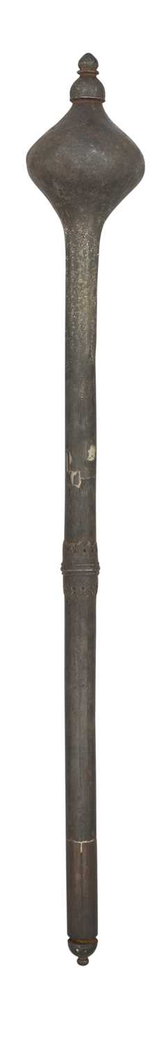 Lot 336 - A SOUTH INDIAN CEREMONIAL MACE FORMED ENTIRELY OF STEEL, 17TH/18TH CENTURY