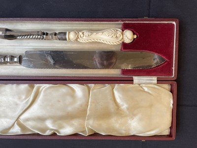 Lot 690 - A CASED IVORY MOUNTED CARVING SET, BROOKES & CROOKES, SHEFFIELD, CIRCA 1870