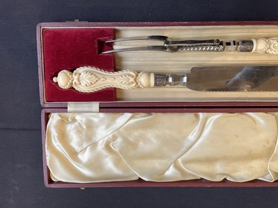 Lot 690 - A CASED IVORY MOUNTED CARVING SET, BROOKES & CROOKES, SHEFFIELD, CIRCA 1870